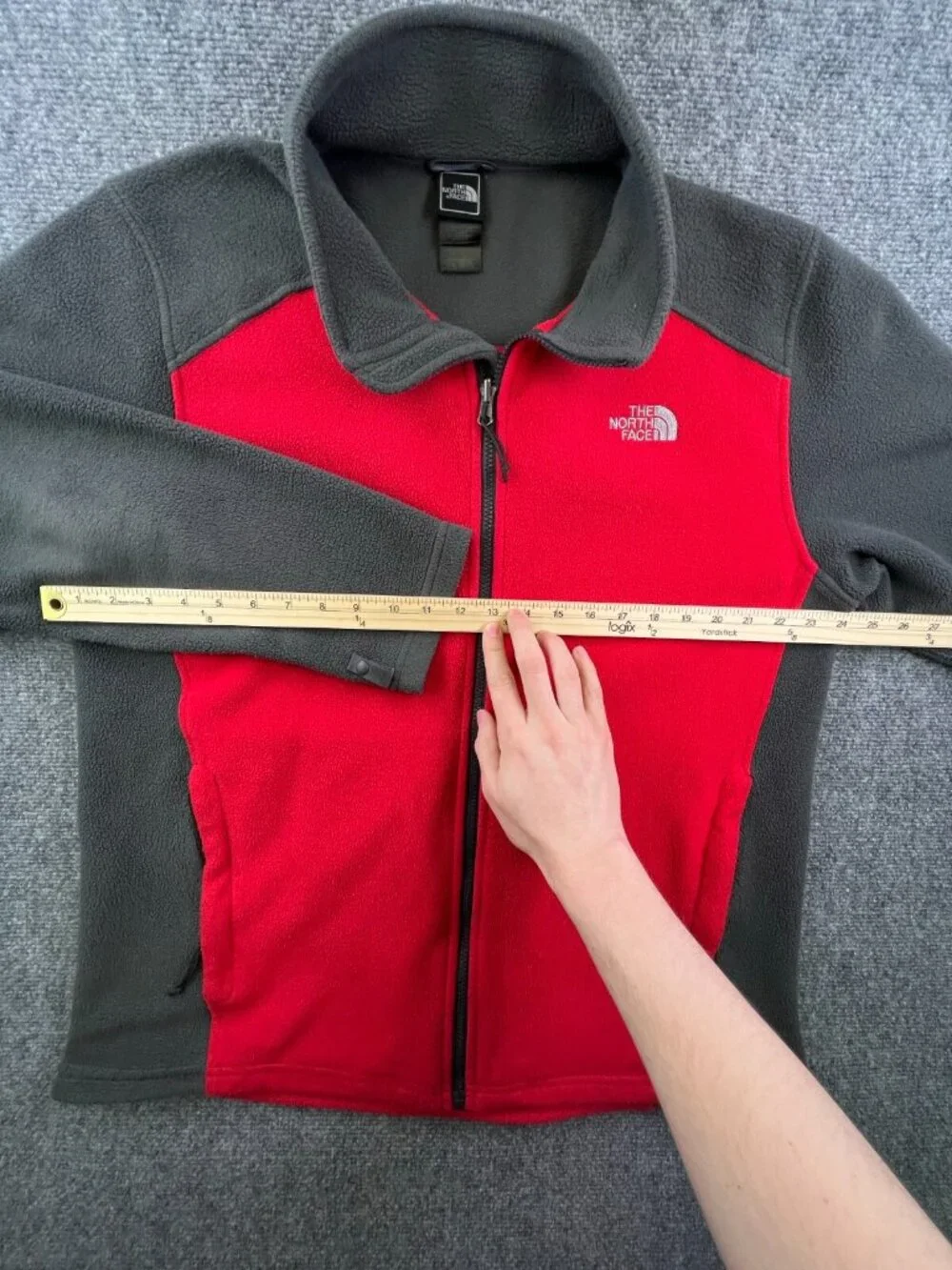 The North Face Jacket Men’s Large Fleece Red Gray Full Zip Long Sleeve w Logo